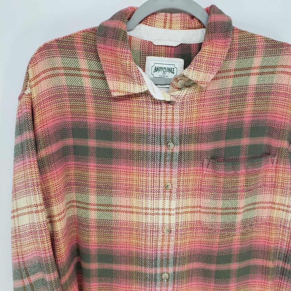 American Eagle Plaid Button Down Shirt Womens Sz M Pink Green Flannel Cotton 90s - Picture 4 of 8